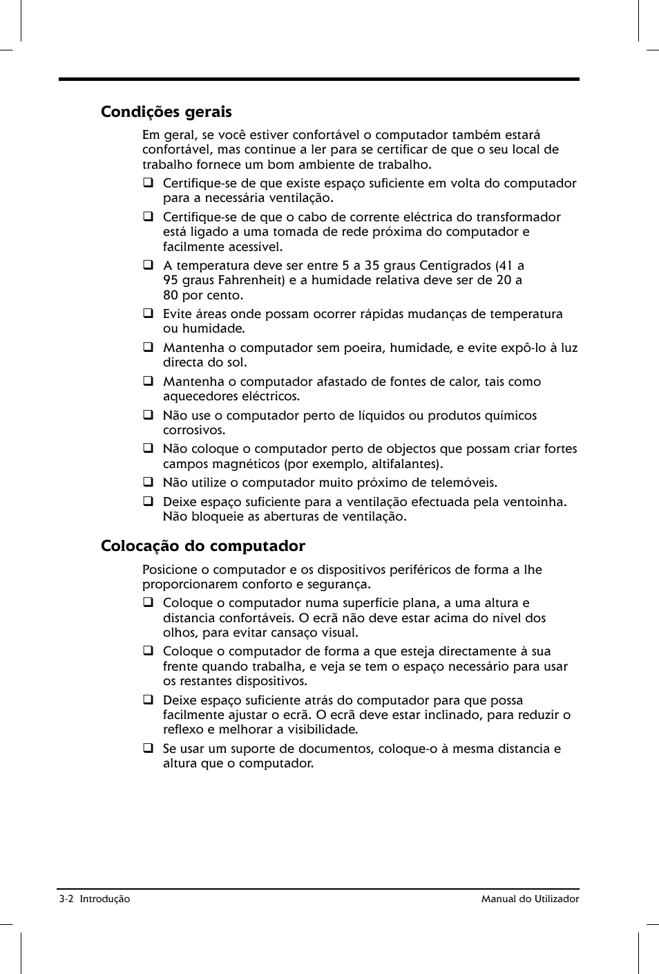 Condições gerais, Colocação do computador | Toshiba Satellite 2610 User Manual | Page 47 / 221