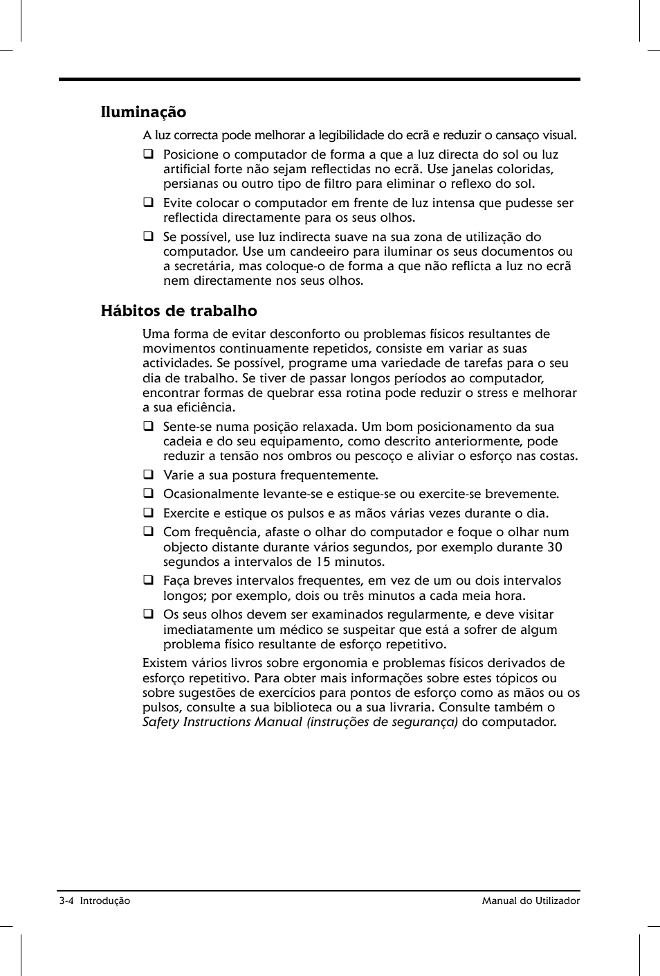 Iluminação, Hábitos de trabalho | Toshiba Satellite 2610 User Manual | Page 49 / 221