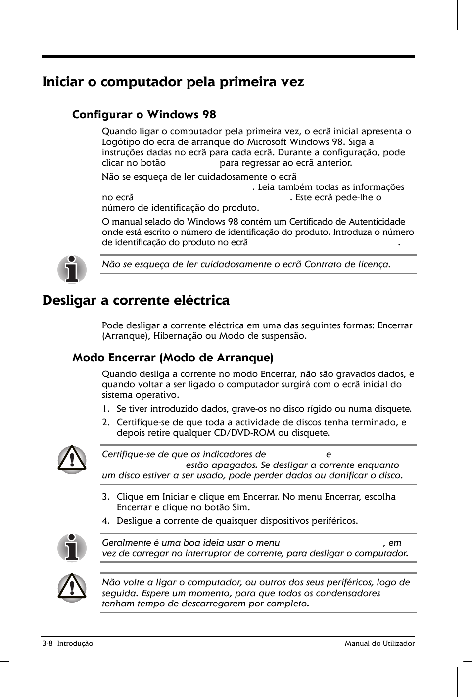 Iniciar o computador pela primeira vez, Desligar a corrente eléctrica, Configurar o windows 98 | Modo encerrar (modo de arranque) | Toshiba Satellite 2610 User Manual | Page 53 / 221