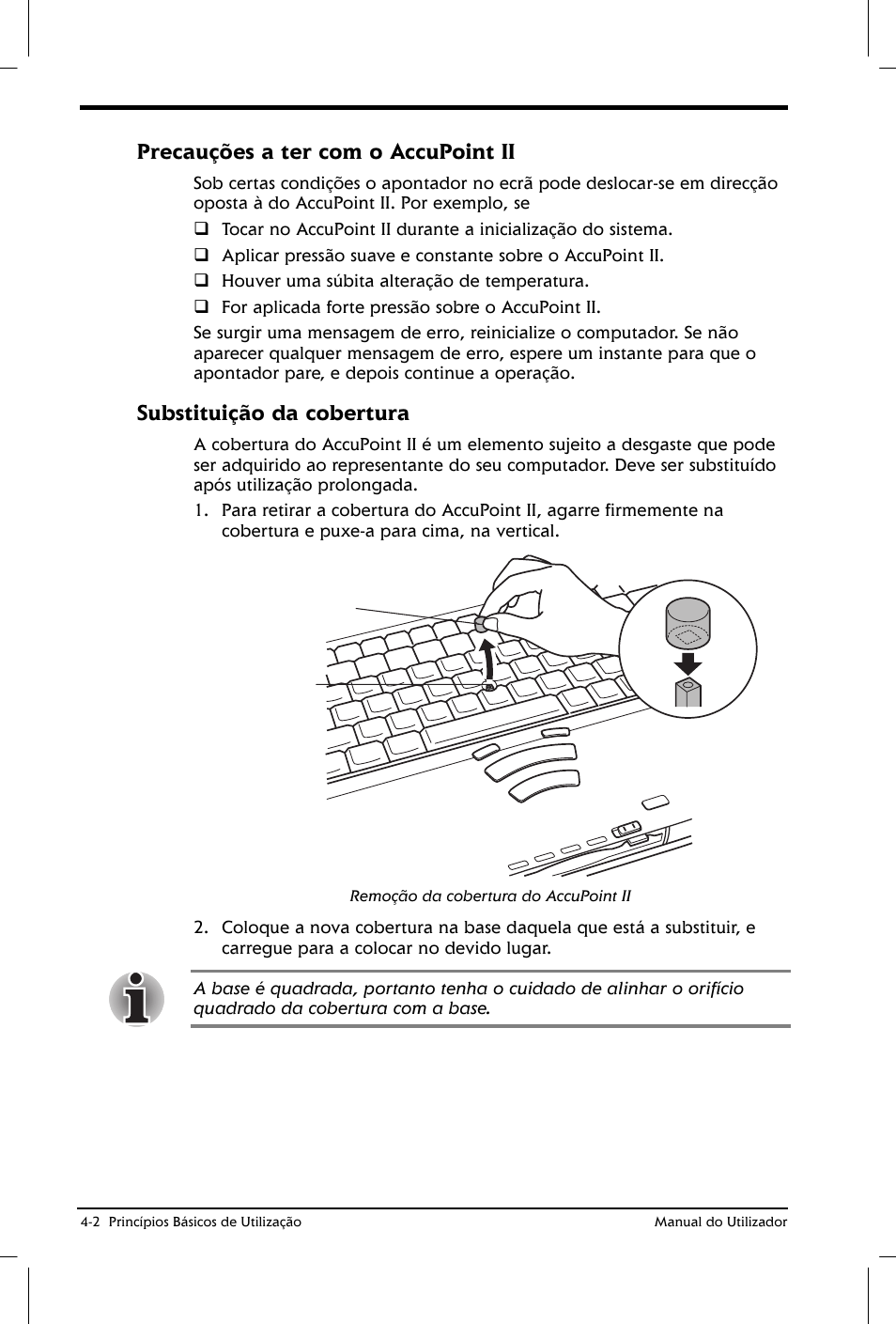 Precauções a ter com o accupoint ii, Substituição da cobertura | Toshiba Satellite 2610 User Manual | Page 60 / 221