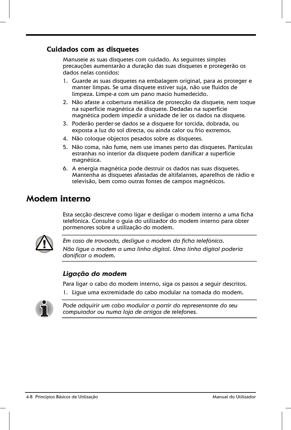 Modem interno, Cuidados com as disquetes | Toshiba Satellite 2610 User Manual | Page 66 / 221