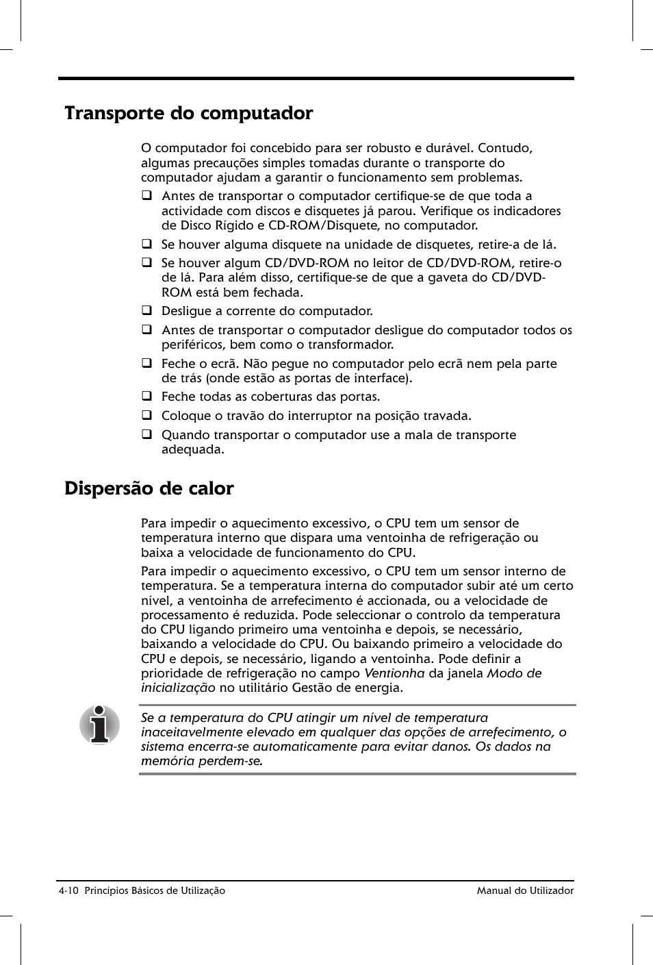 Transporte do computador, Dispersão de calor | Toshiba Satellite 2610 User Manual | Page 68 / 221