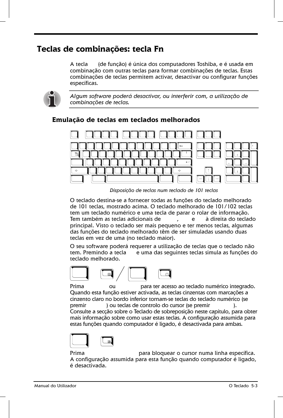 Teclas de combinações: tecla fn, Emulação de teclas em teclados melhorados, Disposição de teclas num teclado de 101 teclas | Manual do utilizador o teclado 5-3 | Toshiba Satellite 2610 User Manual | Page 71 / 221