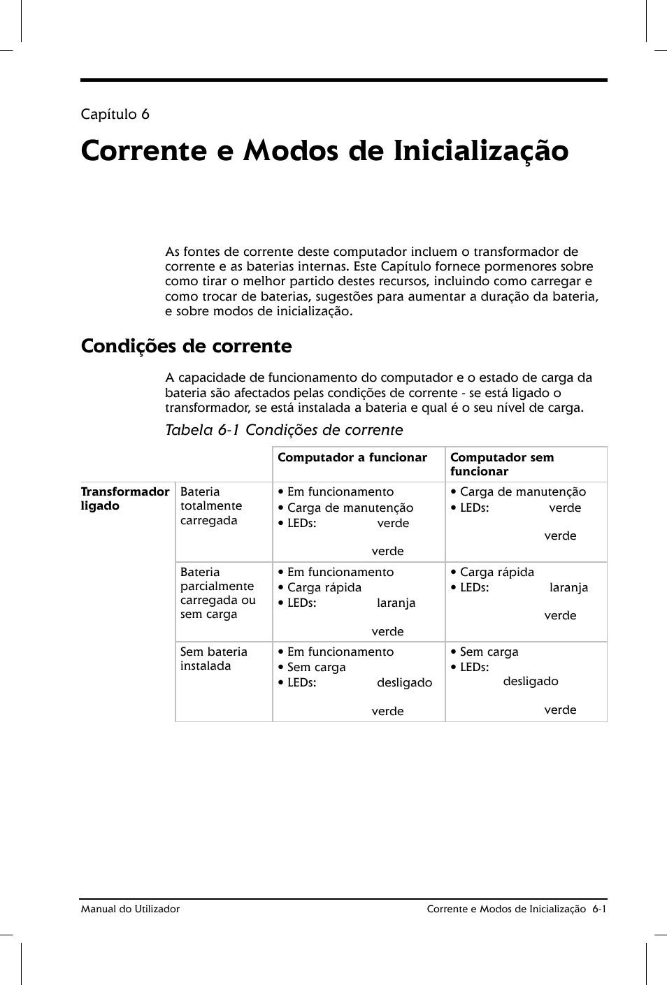 Corrente e modos de inicialização, Condições de corrente | Toshiba Satellite 2610 User Manual | Page 78 / 221