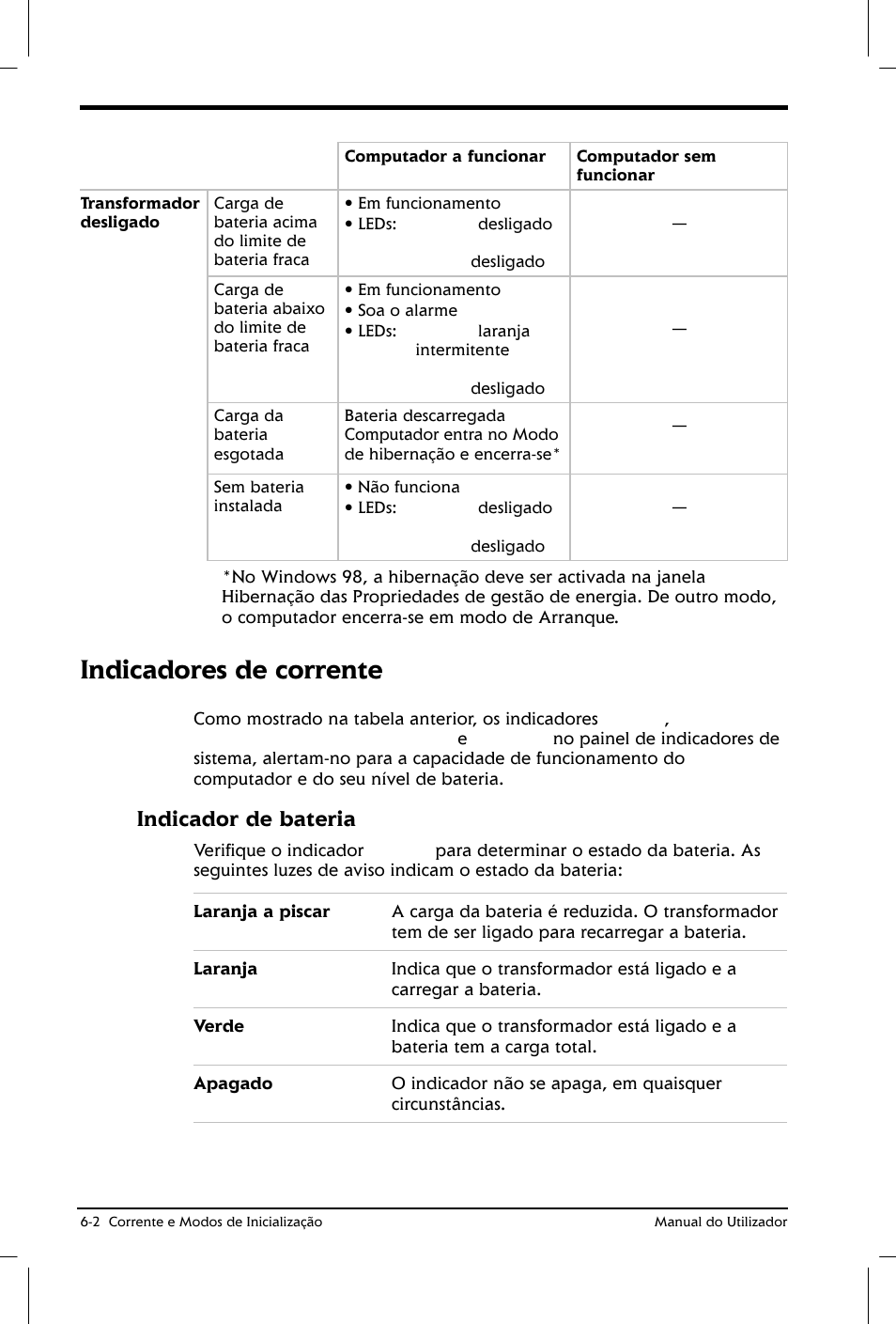 Indicadores de corrente, Indicador de bateria | Toshiba Satellite 2610 User Manual | Page 79 / 221