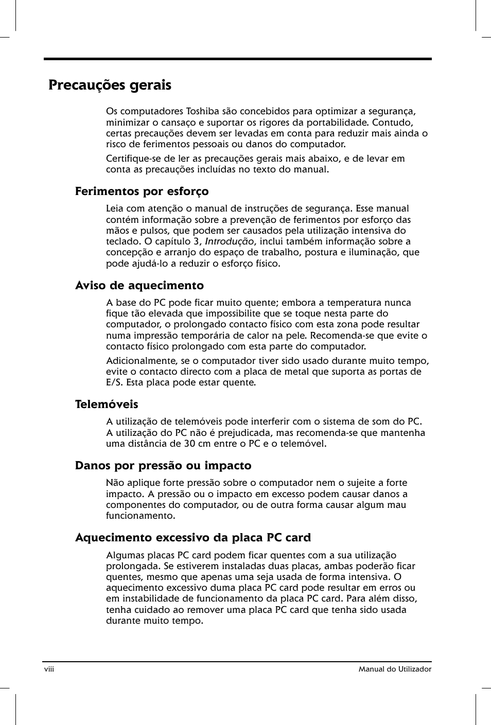 Precauções gerais | Toshiba Satellite 2610 User Manual | Page 8 / 221