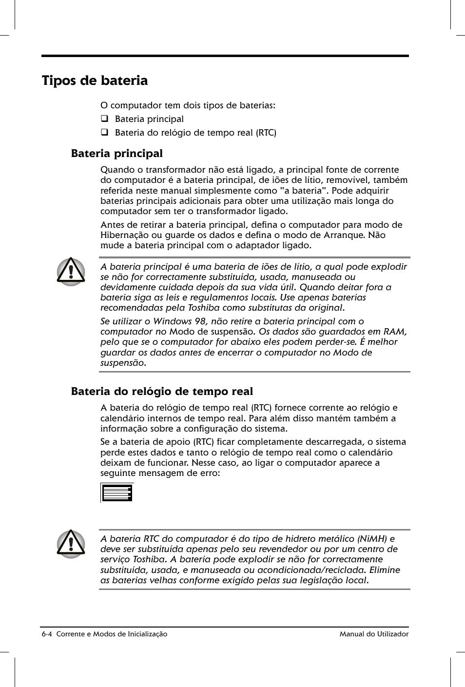 Tipos de bateria, Bateria principal, Bateria do relógio de tempo real | Toshiba Satellite 2610 User Manual | Page 81 / 221