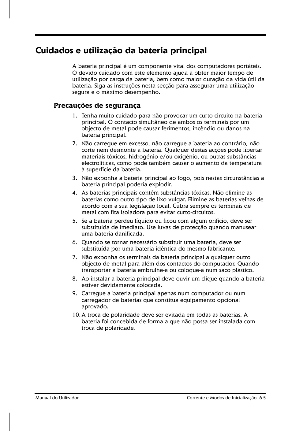 Cuidados e utilização da bateria principal, Precauções de segurança | Toshiba Satellite 2610 User Manual | Page 82 / 221