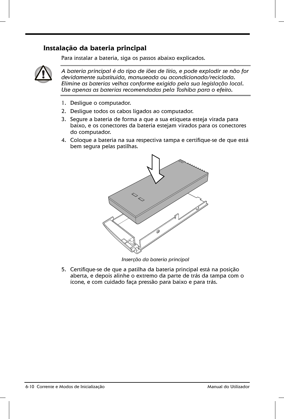 Instalação da bateria principal | Toshiba Satellite 2610 User Manual | Page 87 / 221