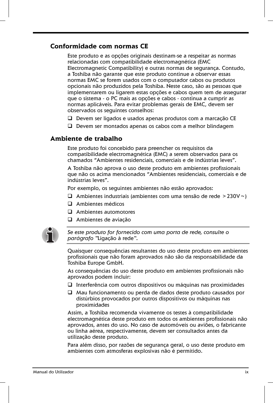 Conformidade com normas ce, Ambiente de trabalho | Toshiba Satellite 2610 User Manual | Page 9 / 221