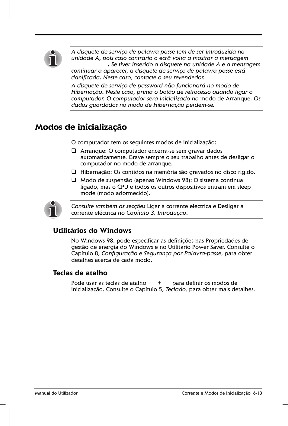 Modos de inicialização, Utilitários do windows, Teclas de atalho | Toshiba Satellite 2610 User Manual | Page 90 / 221