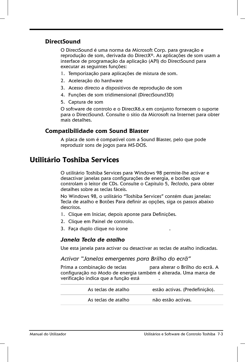 Utilitário toshiba services, Directsound, Compatibilidade com sound blaster | Toshiba Satellite 2610 User Manual | Page 94 / 221