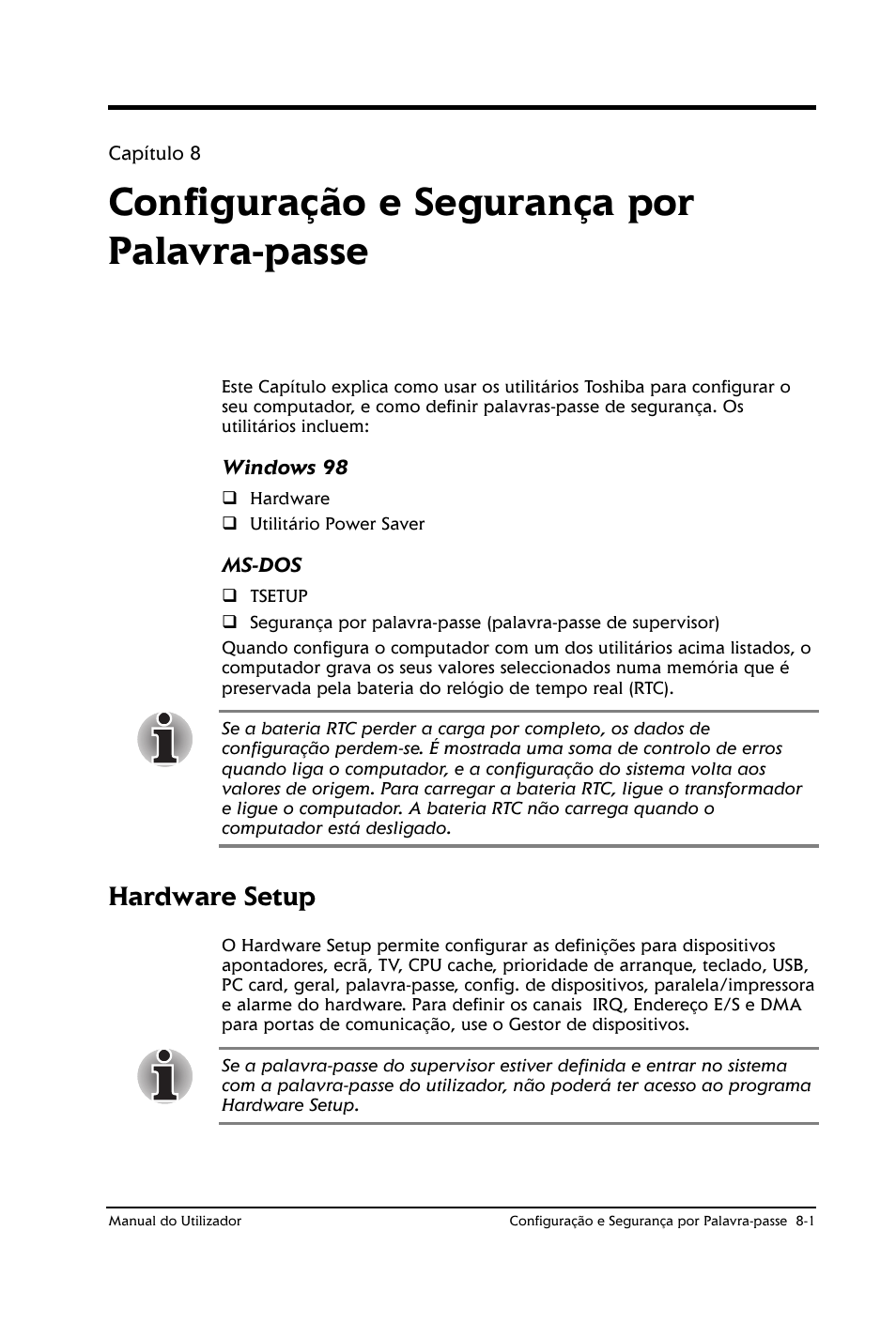 Configuração e segurança por palavra-passe, Hardware setup | Toshiba Satellite 2610 User Manual | Page 97 / 221