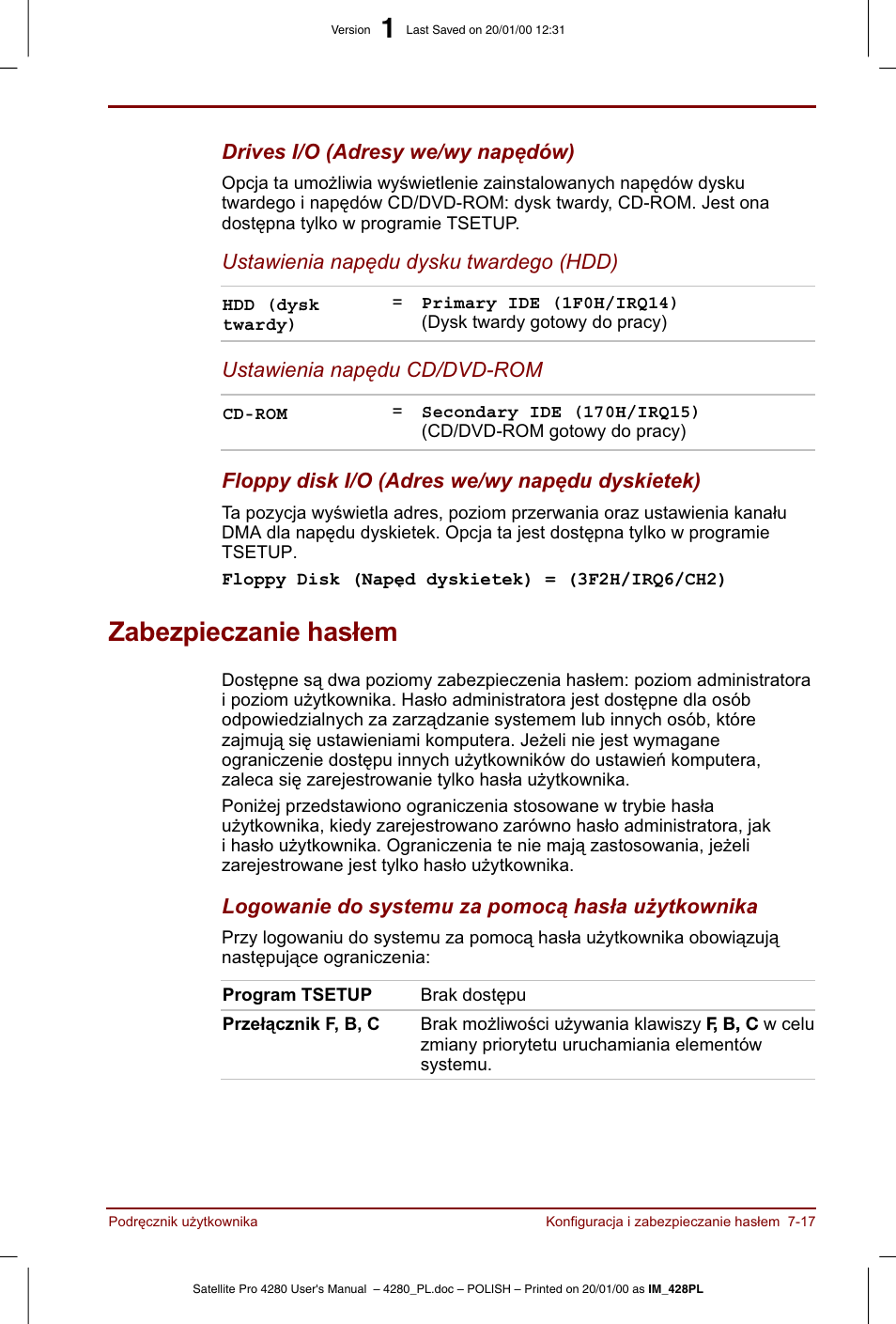 Zabezpieczanie haslem | Toshiba Satellite Pro 4280 User Manual | Page 113 / 248