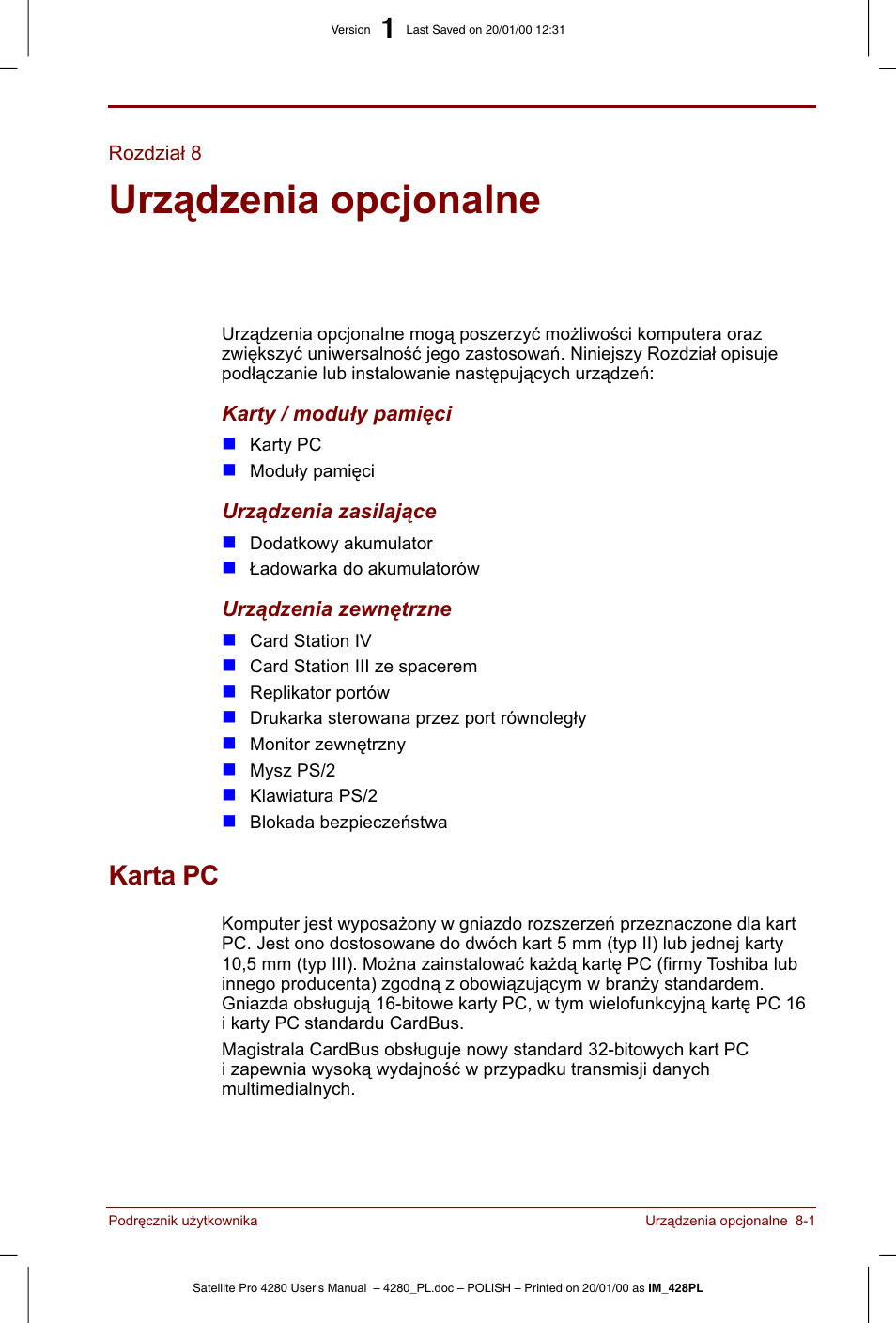 Rozdzial 8, Urzadzenia opcjonalne, Karta pc | Toshiba Satellite Pro 4280 User Manual | Page 125 / 248