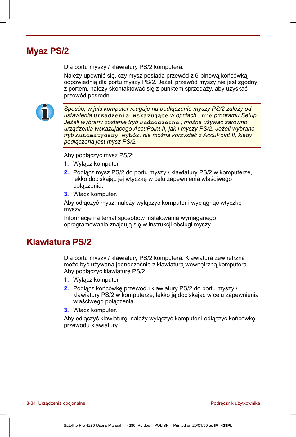 Mysz ps/2, Klawiatura ps/2 | Toshiba Satellite Pro 4280 User Manual | Page 158 / 248
