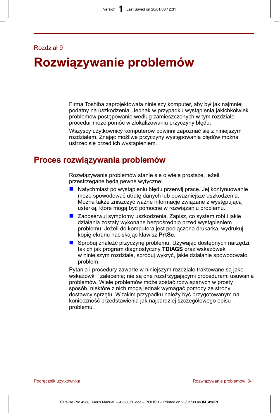 Rozdzial 9, Rozwiazywanie problemów, Proces rozwiazywania problemów | Toshiba Satellite Pro 4280 User Manual | Page 161 / 248