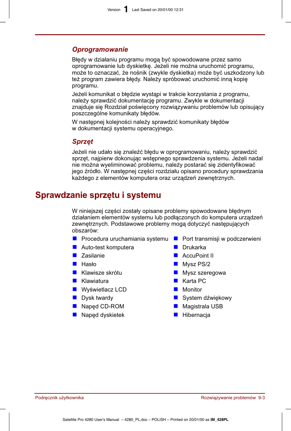 Sprawdzanie sprzetu i systemu | Toshiba Satellite Pro 4280 User Manual | Page 163 / 248