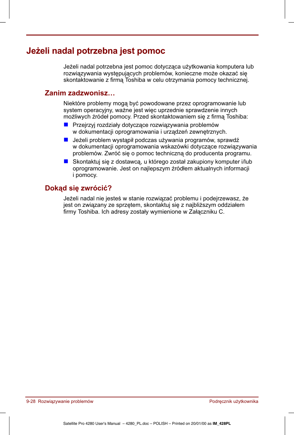 Jezeli nadal potrzebna jest pomoc | Toshiba Satellite Pro 4280 User Manual | Page 188 / 248