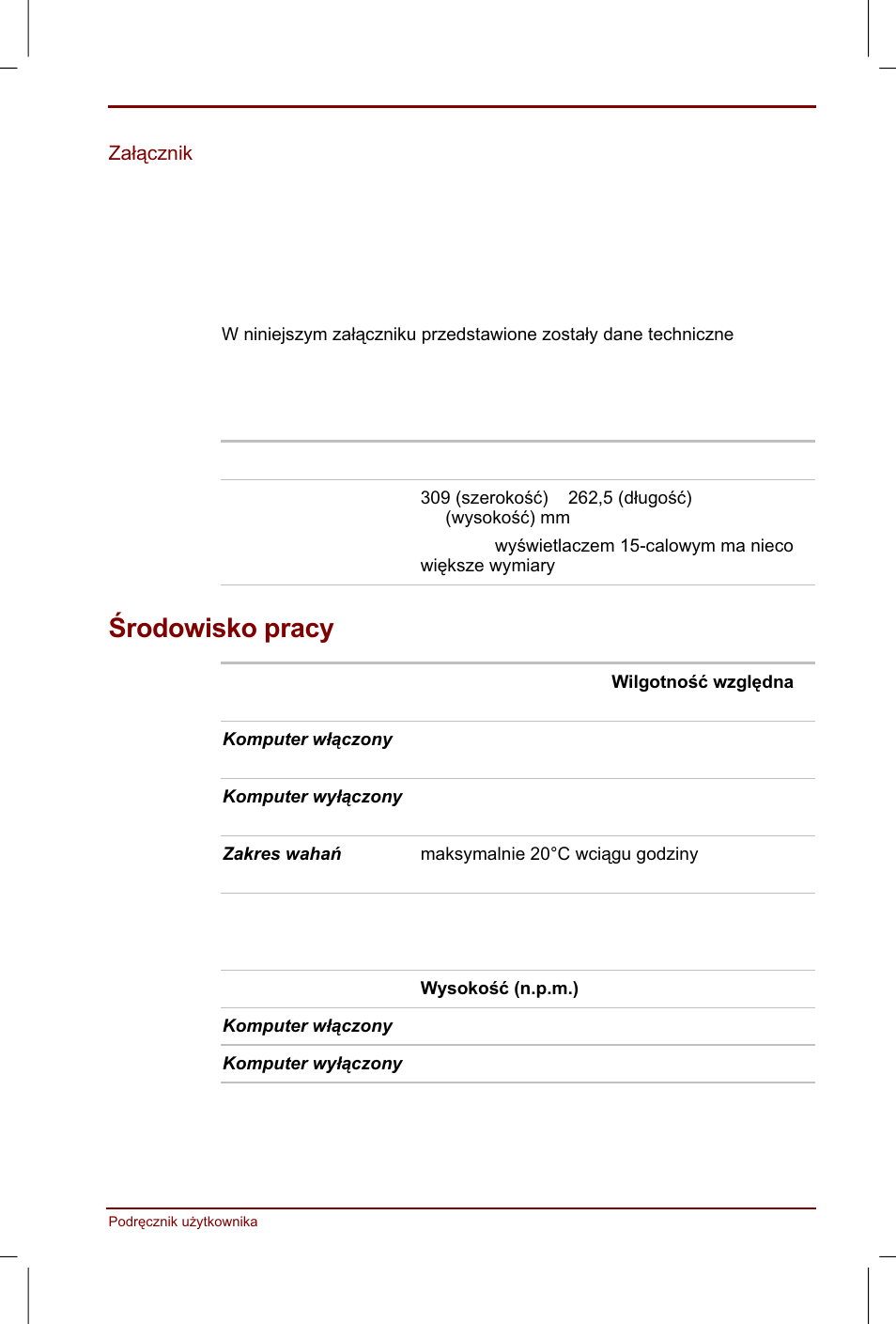 Zalacznik a, Dane techniczne, Wymiary komputera | Toshiba Satellite Pro 4280 User Manual | Page 189 / 248
