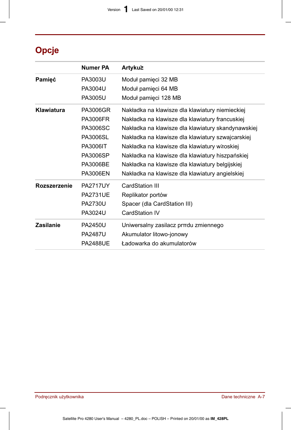 Opcje | Toshiba Satellite Pro 4280 User Manual | Page 195 / 248