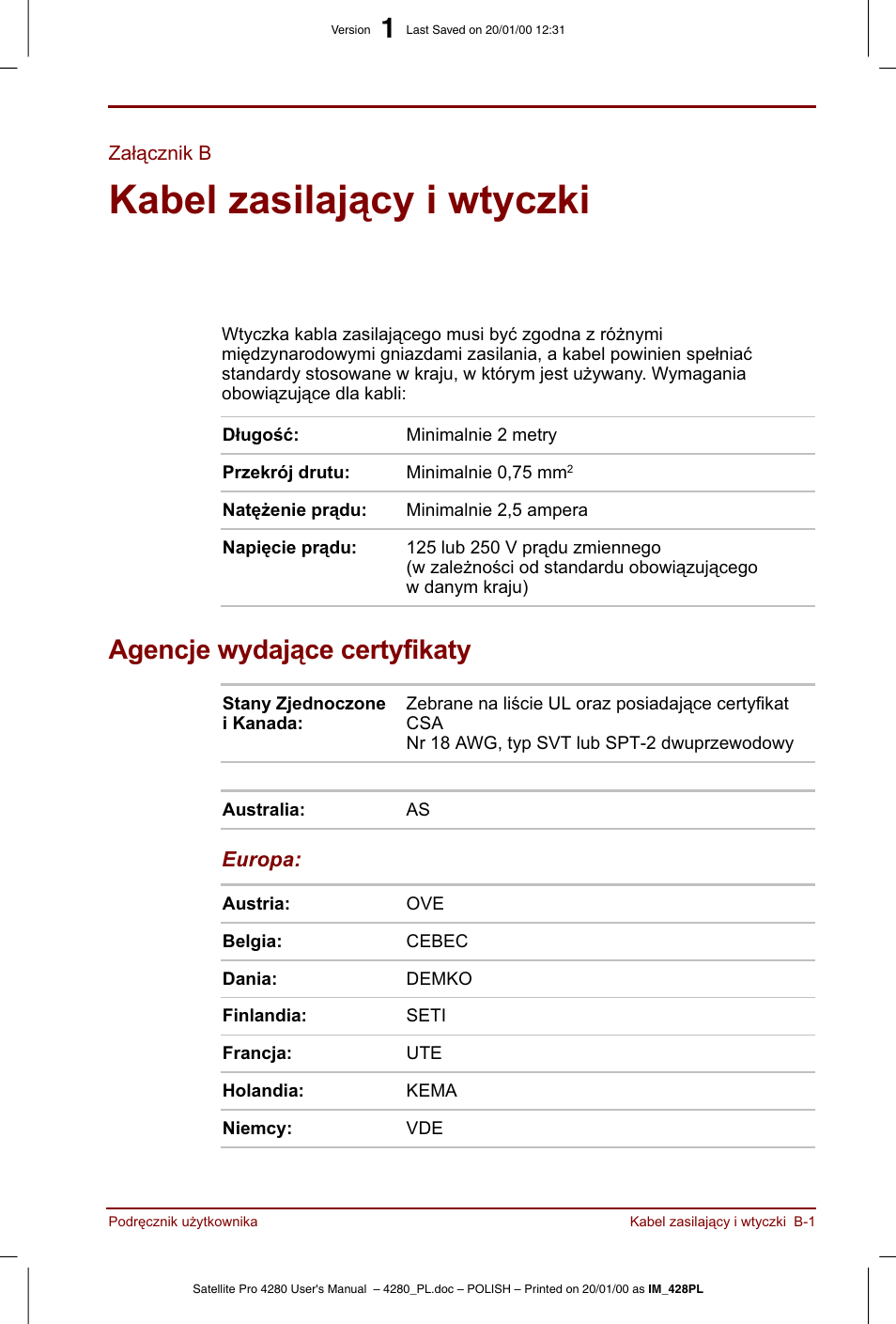 Zalacznik b, Kabel zasilajacy i wtyczki | Toshiba Satellite Pro 4280 User Manual | Page 197 / 248