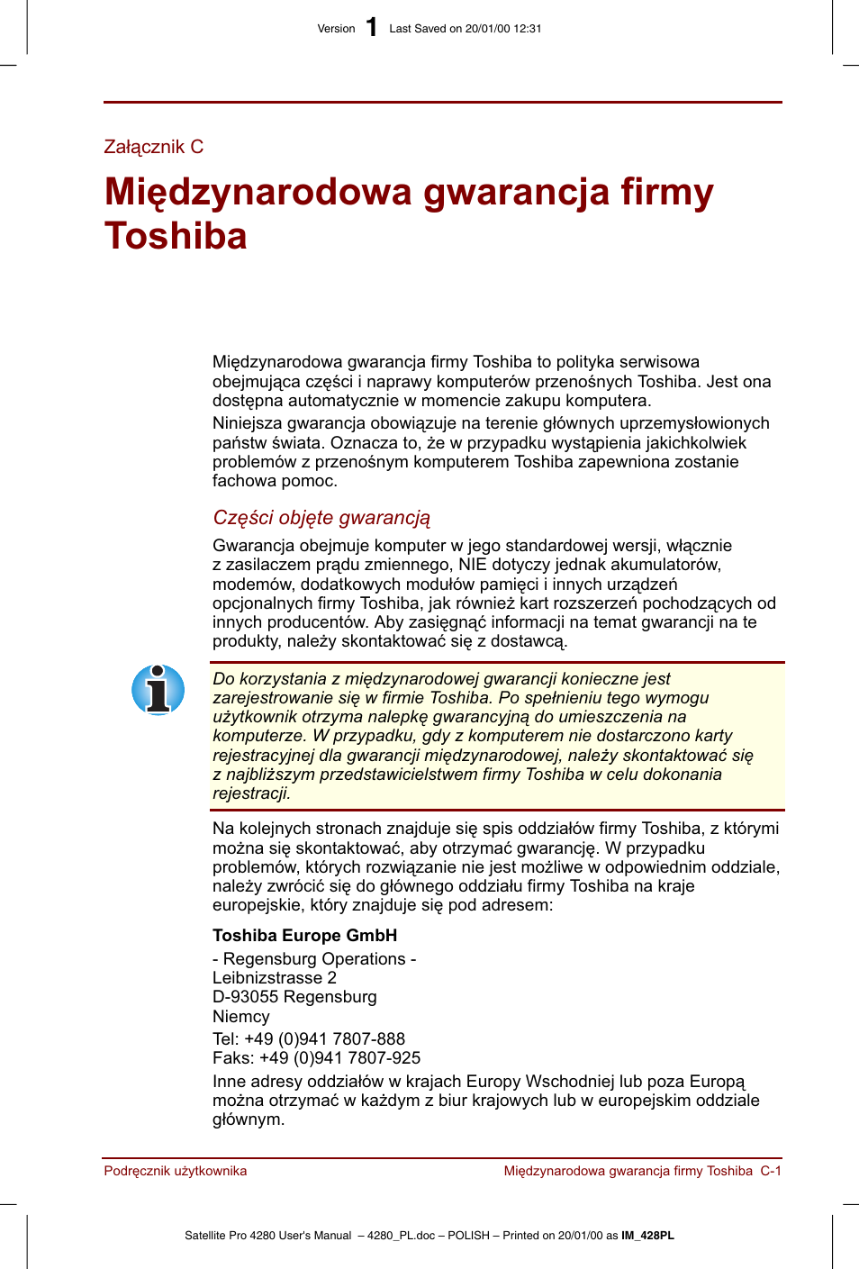 Zalacznik c, Miedzynarodowa gwarancja firmy toshiba | Toshiba Satellite Pro 4280 User Manual | Page 199 / 248