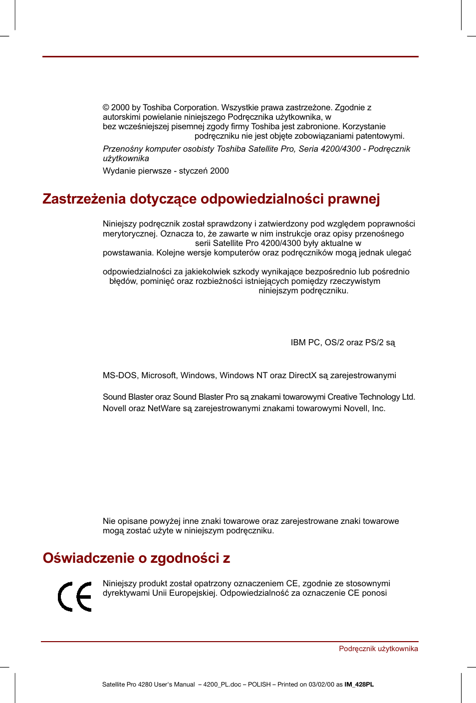 Prawa autorskie, Zastrzezenia dotyczace odpowiedzialnosci prawnej, Znaki towarowe | Oswiadczenie o zgodnosci z normami europejskimi, Normami europejskimi | Toshiba Satellite Pro 4280 User Manual | Page 2 / 248