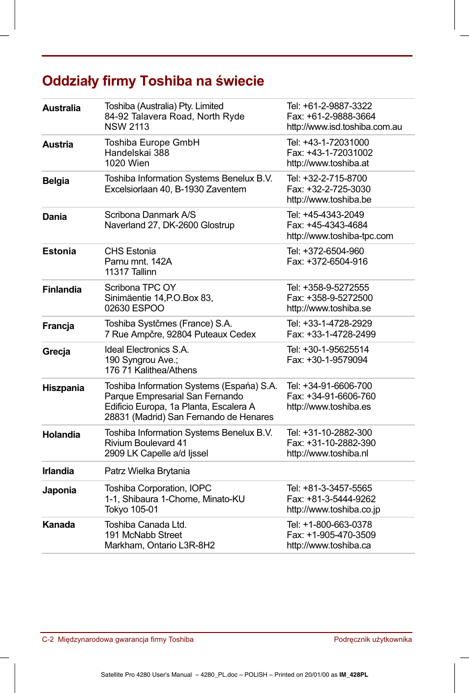 Oddzialy firmy toshiba na swiecie | Toshiba Satellite Pro 4280 User Manual | Page 200 / 248