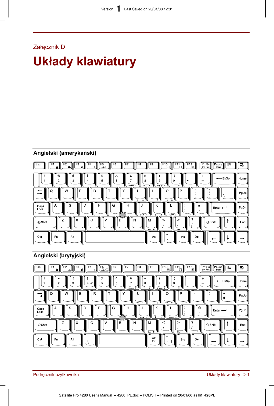 Zalacznik d, Uklady klawiatury | Toshiba Satellite Pro 4280 User Manual | Page 203 / 248