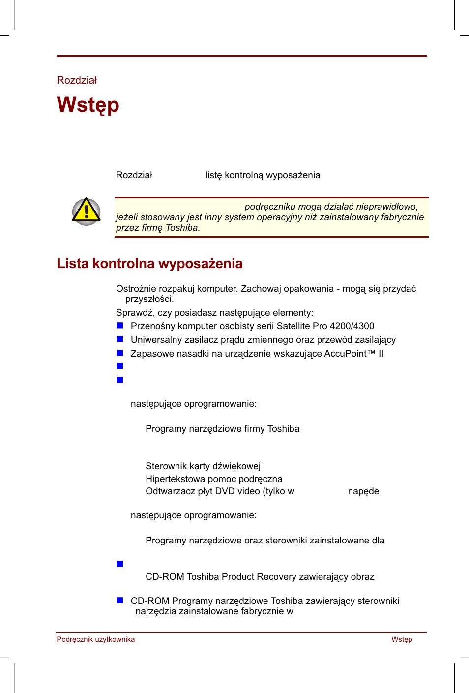 Rozdzial 1, Wstep, Lista kontrolna wyposazenia | Rozdziale | Toshiba Satellite Pro 4280 User Manual | Page 21 / 248