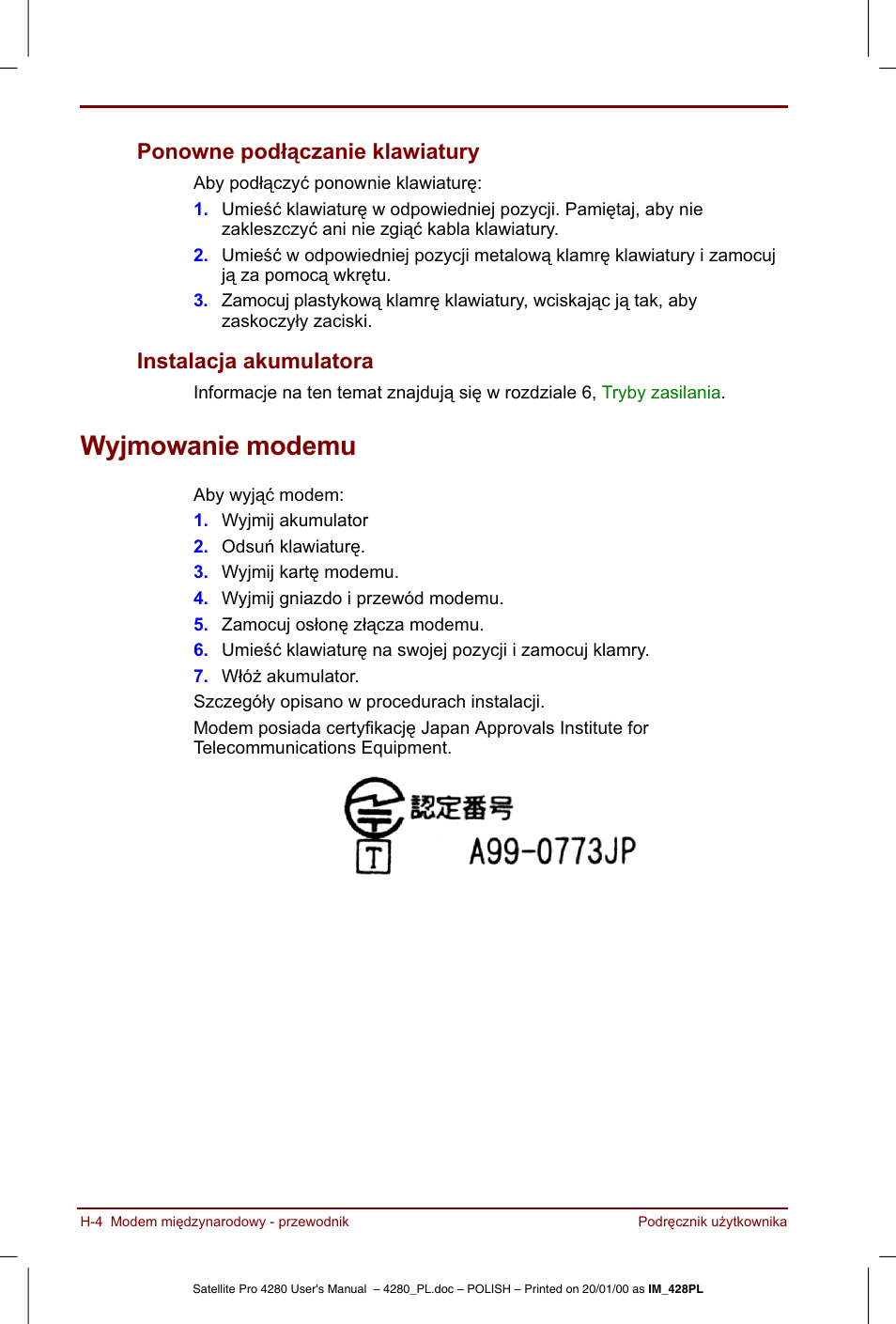 Wyjmowanie modemu | Toshiba Satellite Pro 4280 User Manual | Page 224 / 248