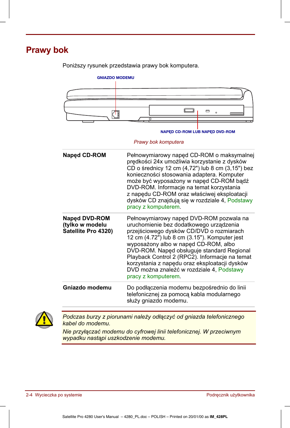 Prawy bok | Toshiba Satellite Pro 4280 User Manual | Page 38 / 248