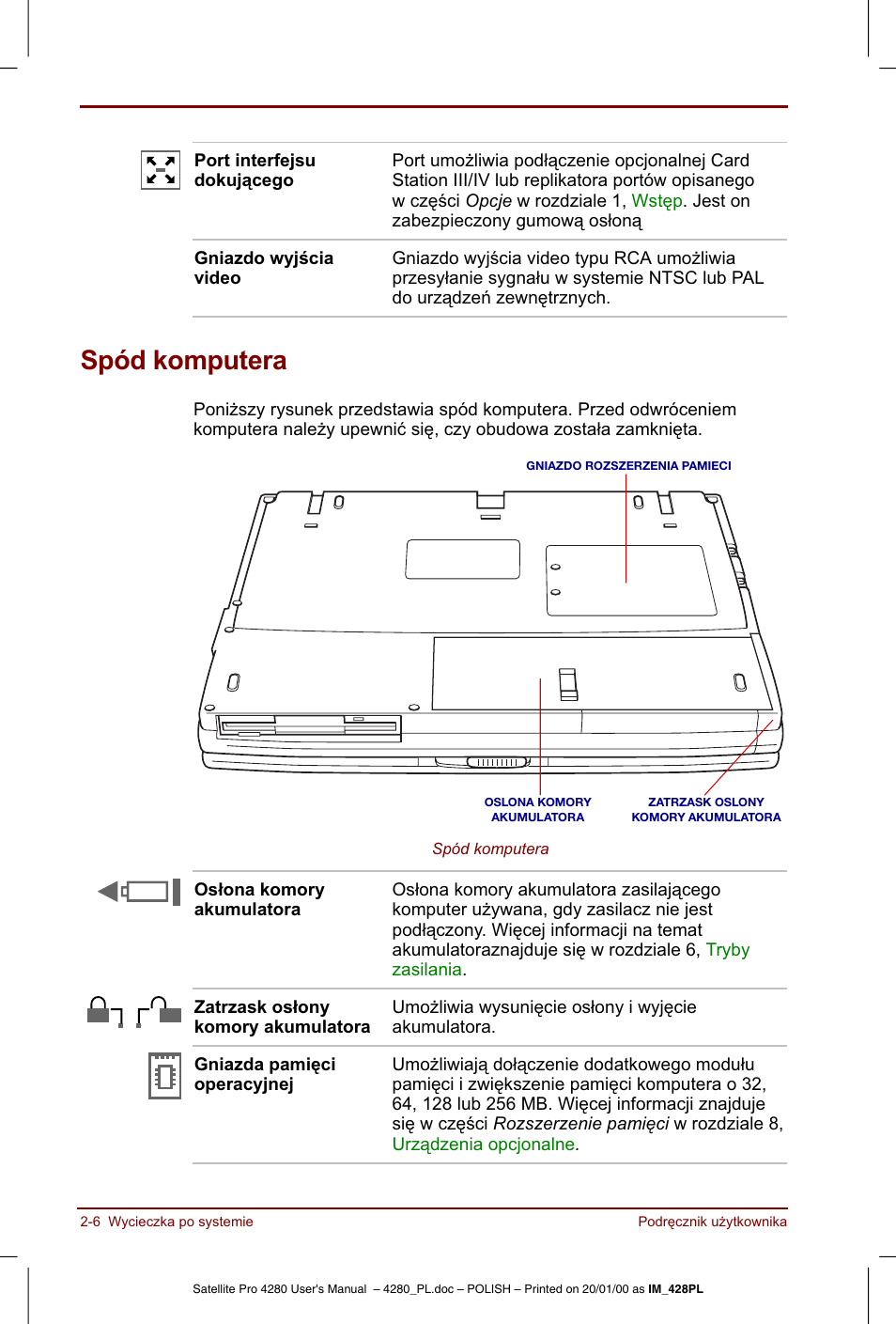 Spód komputera | Toshiba Satellite Pro 4280 User Manual | Page 40 / 248
