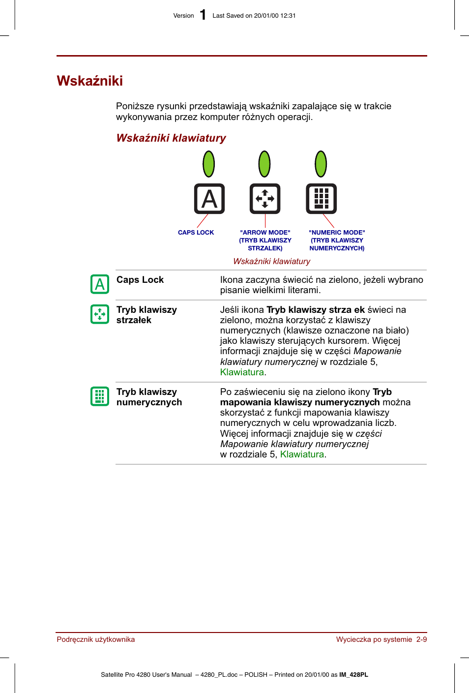 Wskazniki | Toshiba Satellite Pro 4280 User Manual | Page 43 / 248