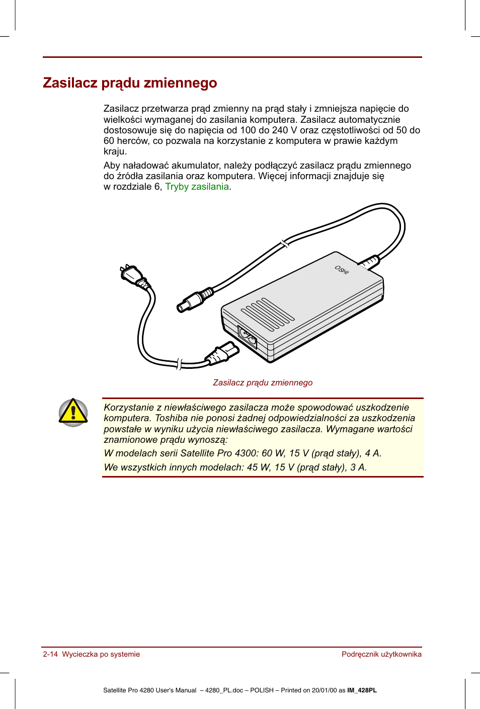 Zasilacz pradu zmiennego | Toshiba Satellite Pro 4280 User Manual | Page 48 / 248