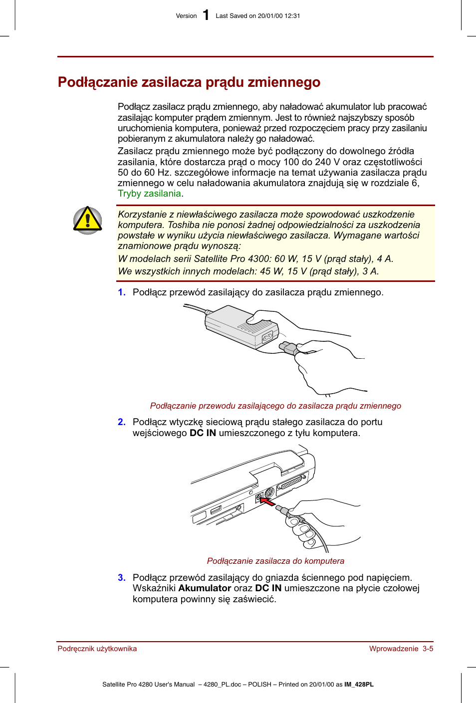 Podlaczanie zasilacza pradu zmiennego | Toshiba Satellite Pro 4280 User Manual | Page 53 / 248