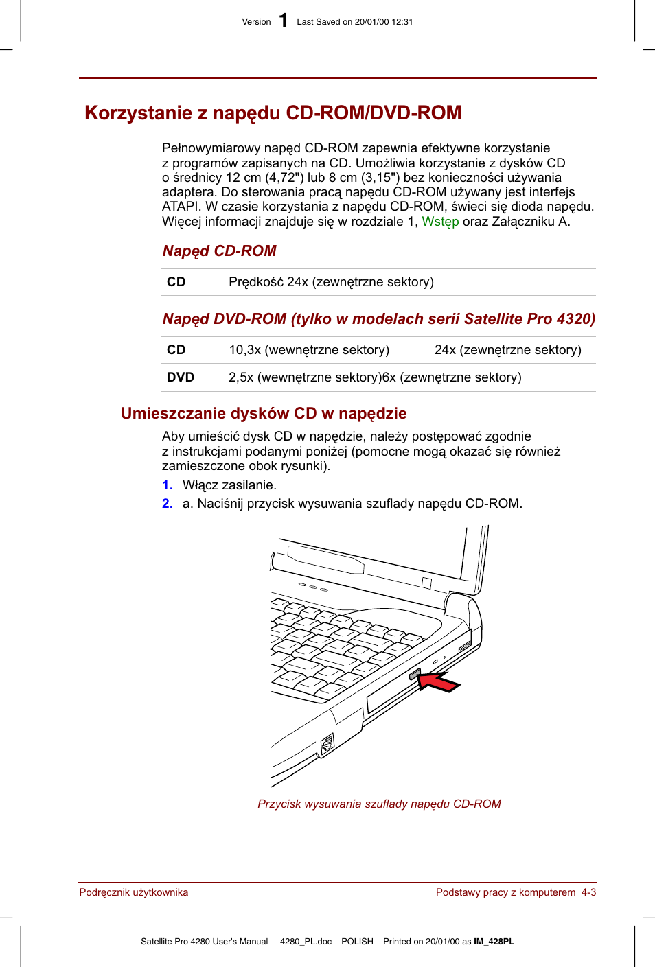 Korzystanie z napedu cd-rom/dvd-rom | Toshiba Satellite Pro 4280 User Manual | Page 61 / 248