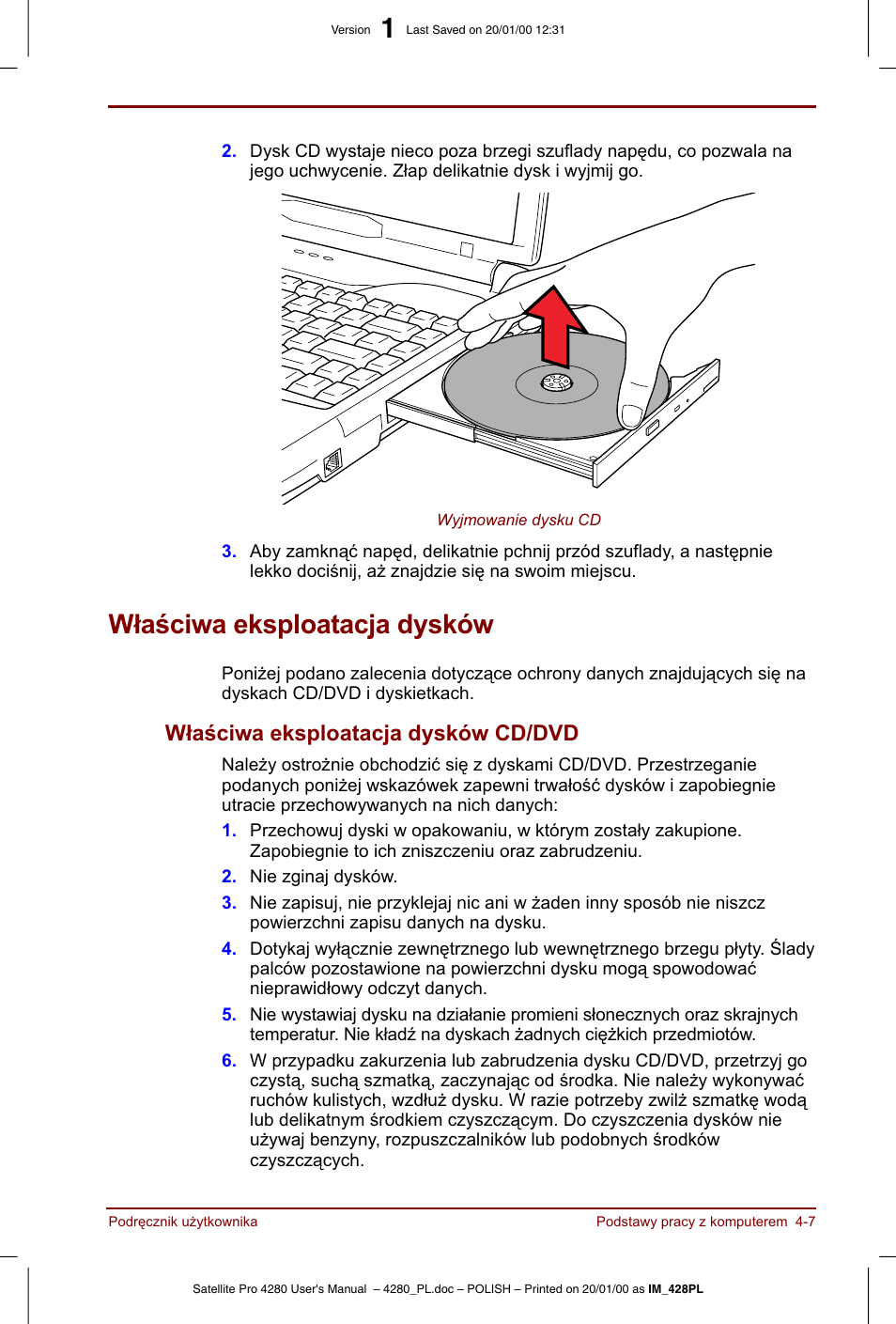 Wlasciwa eksploatacja dysków | Toshiba Satellite Pro 4280 User Manual | Page 65 / 248