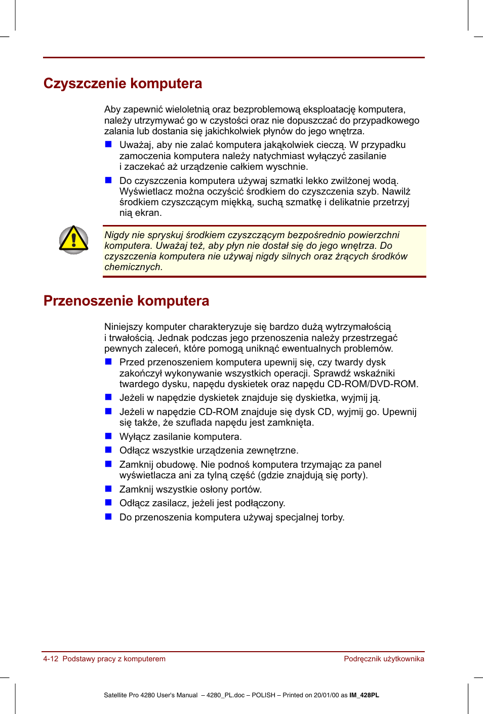 Czyszczenie komputera, Przenoszenie komputera | Toshiba Satellite Pro 4280 User Manual | Page 70 / 248