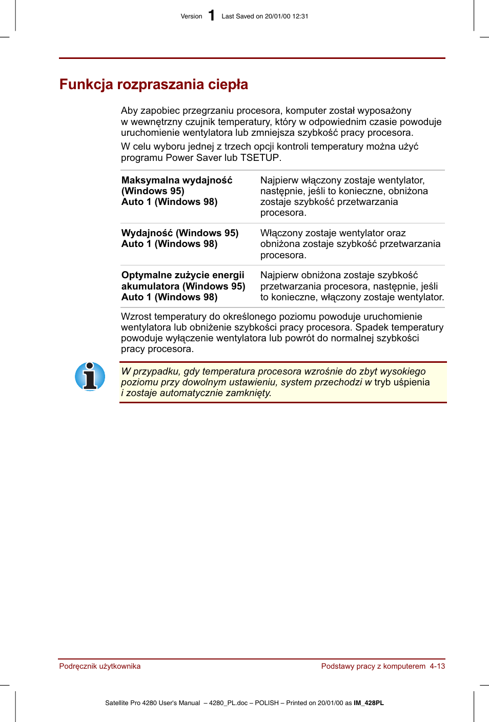 Funkcja rozpraszania ciepla | Toshiba Satellite Pro 4280 User Manual | Page 71 / 248