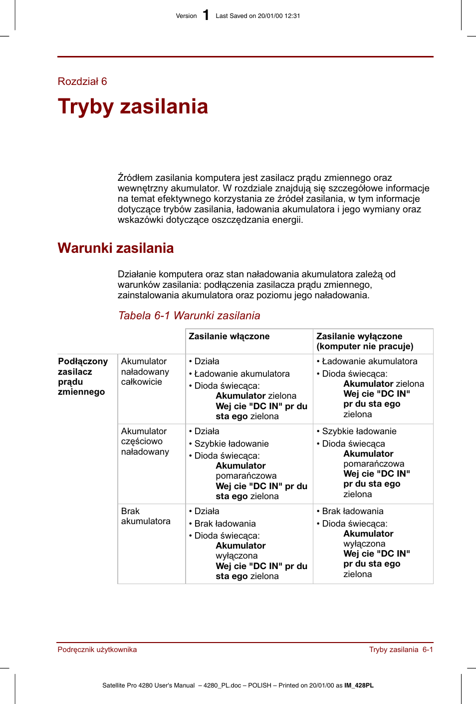 Rozdzial 6, Tryby zasilania, Warunki zasilania | Toshiba Satellite Pro 4280 User Manual | Page 81 / 248