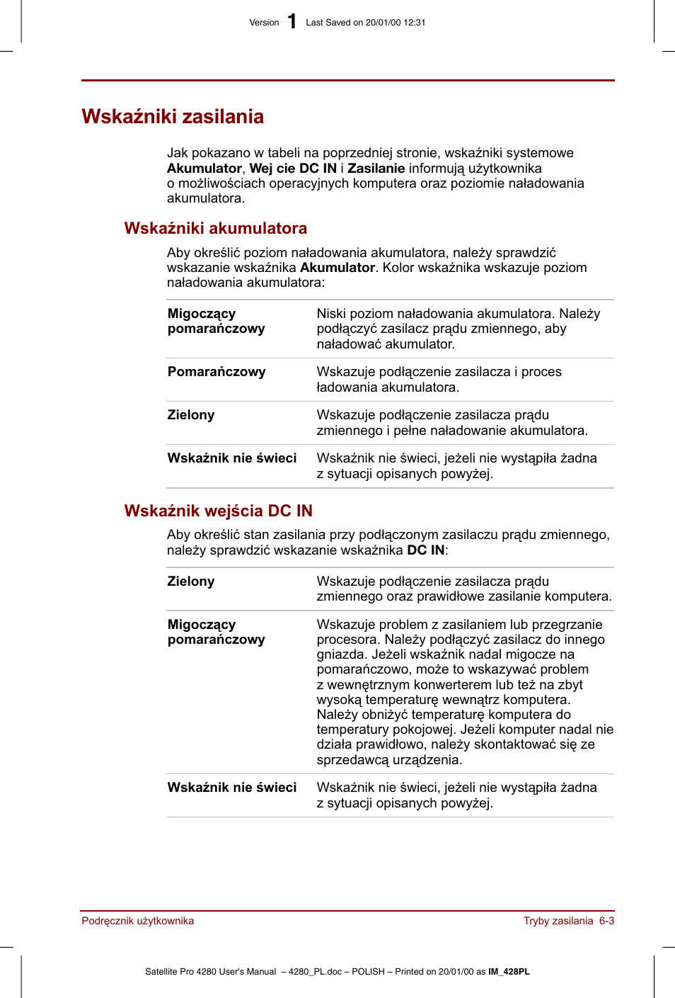 Wskazniki zasilania | Toshiba Satellite Pro 4280 User Manual | Page 83 / 248