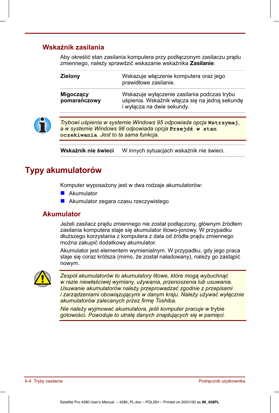 Typy akumulatorów | Toshiba Satellite Pro 4280 User Manual | Page 84 / 248