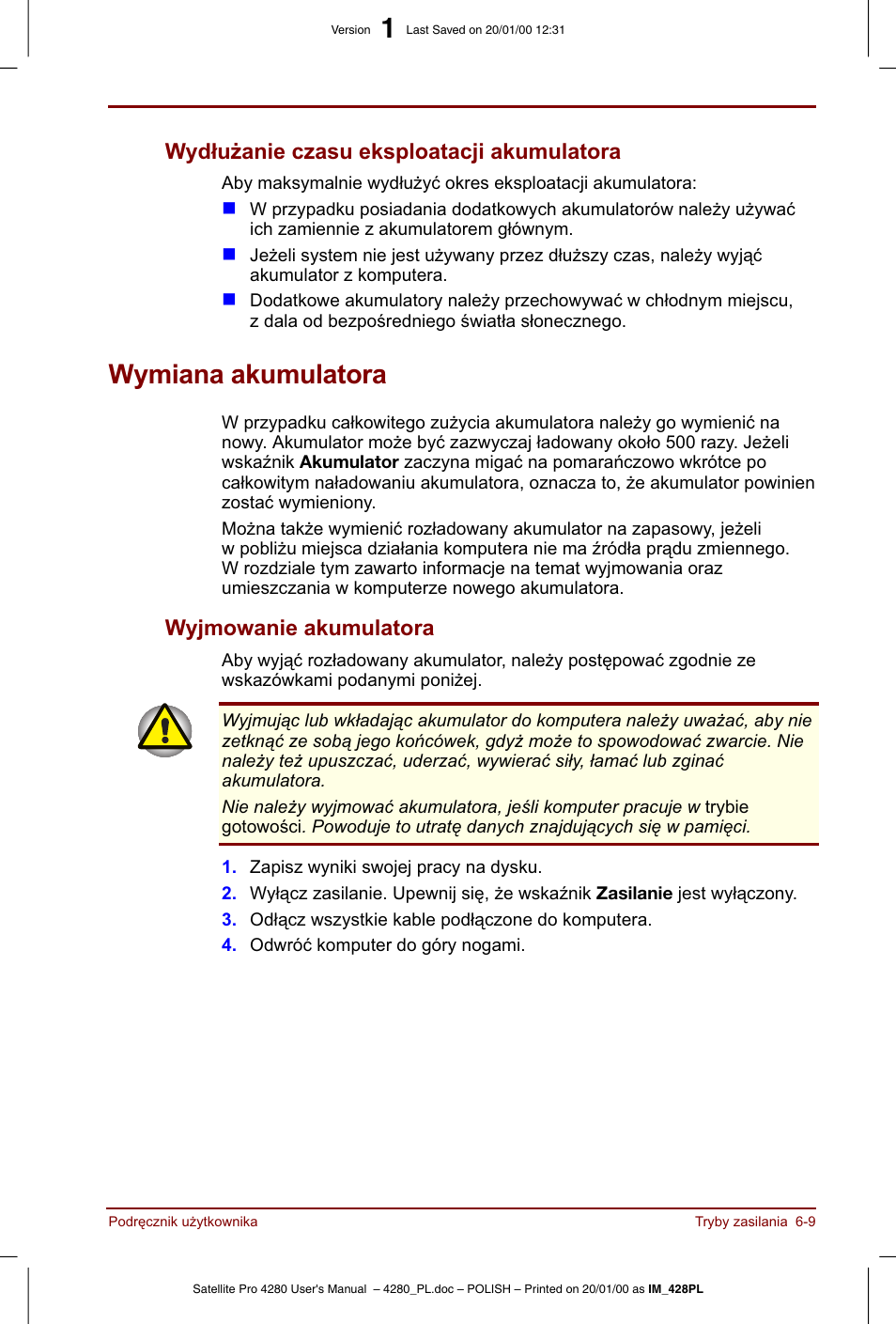 Wymiana akumulatora | Toshiba Satellite Pro 4280 User Manual | Page 89 / 248