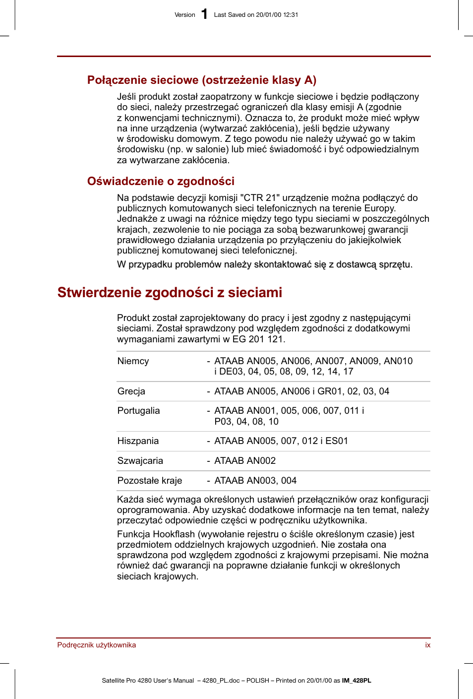 Stwierdzenie zgodnosci z sieciami | Toshiba Satellite Pro 4280 User Manual | Page 9 / 248