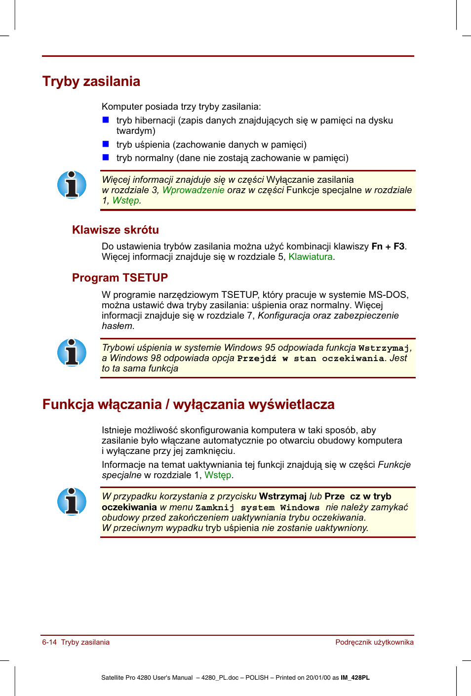 Tryby zasilania, Funkcja wlaczania / wylaczania wyswietlacza | Toshiba Satellite Pro 4280 User Manual | Page 94 / 248