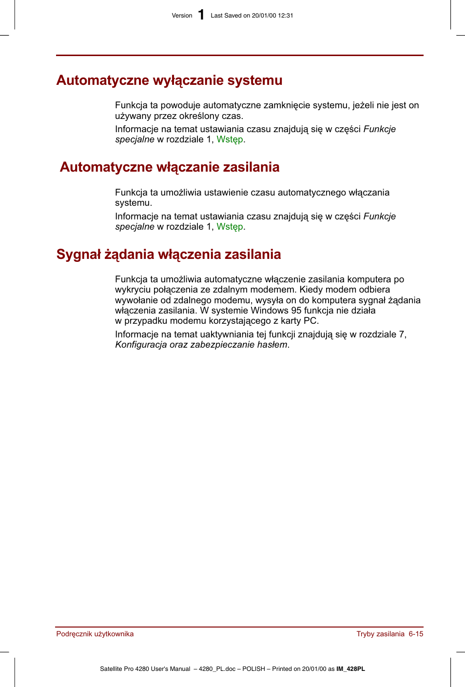 Automatyczne wylaczanie systemu, Automatyczne wlaczanie zasilania, Sygnal zadania wlaczenia zasilania | Toshiba Satellite Pro 4280 User Manual | Page 95 / 248