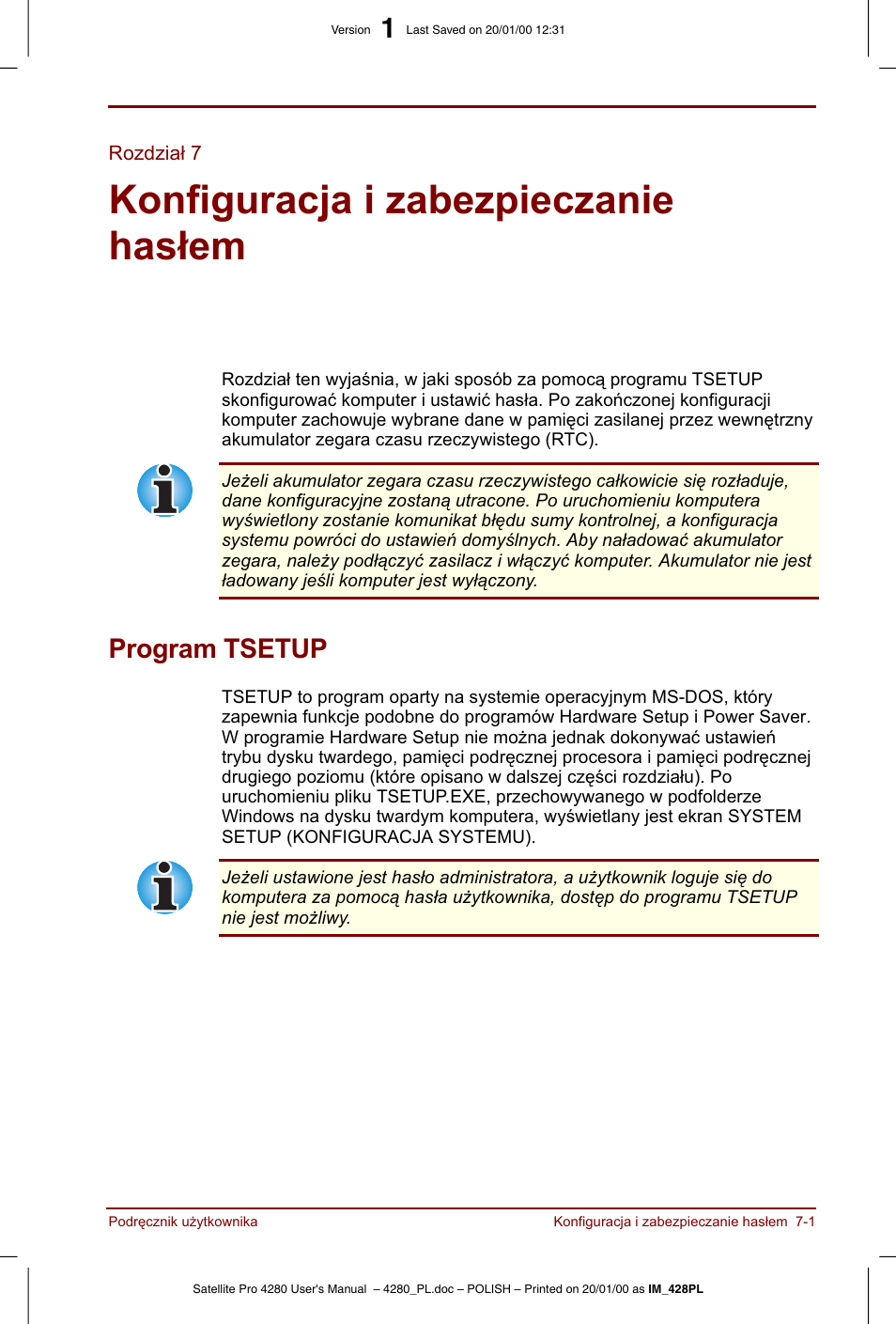 Rozdzial 7, Konfiguracja i zabezpieczanie haslem, Program tsetup | Konfiguracja i zabezpieczanie | Toshiba Satellite Pro 4280 User Manual | Page 97 / 248