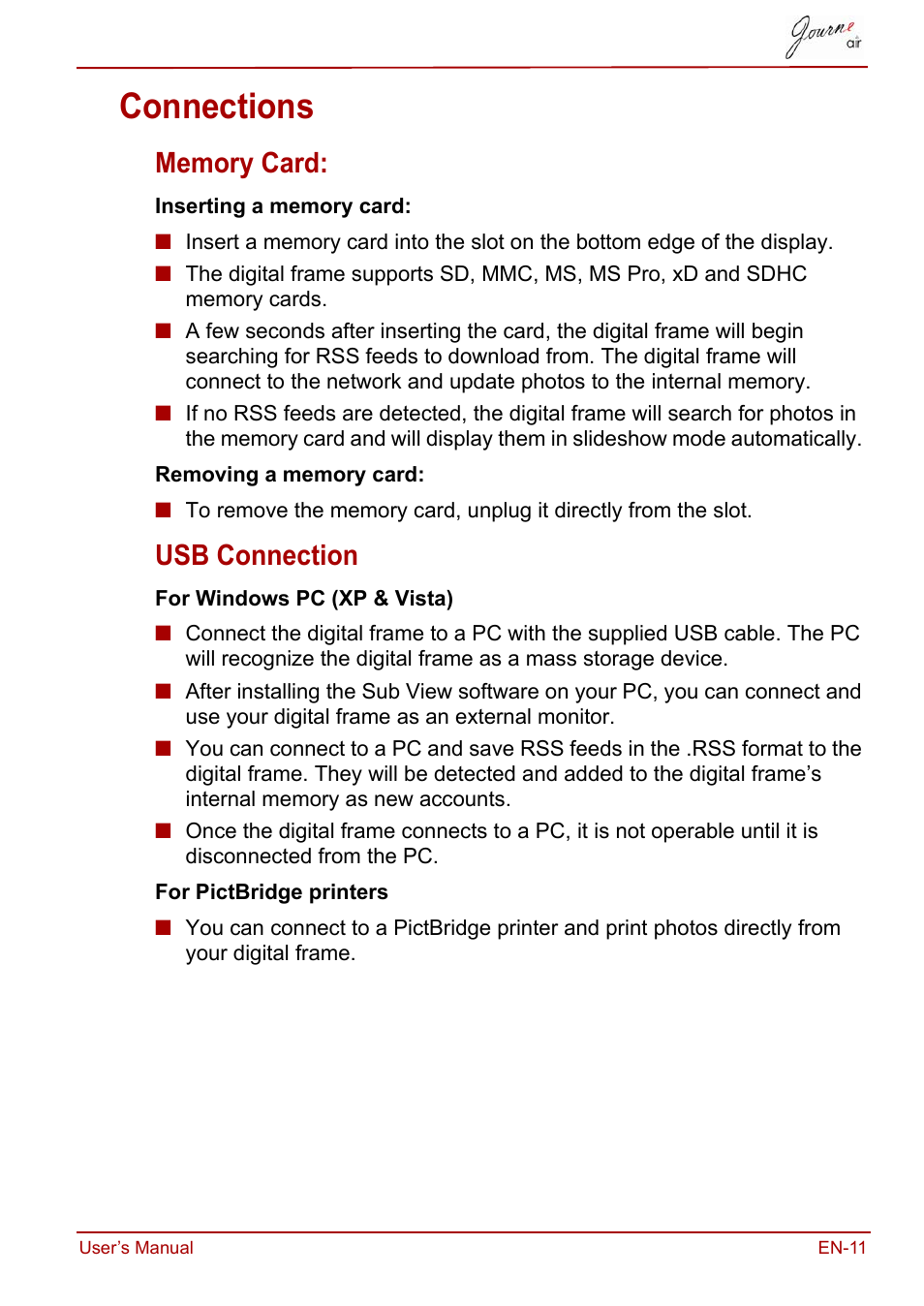 Connections, Memory card, Usb connection | Memory card: usb connection | Toshiba JournE Air800-801 User Manual | Page 11 / 829
